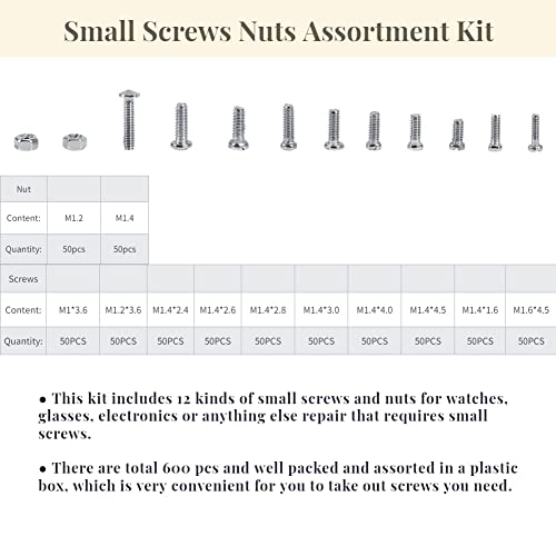 600pcs 12 Kinds of Small Screws Nuts Assortment Kit M1 M1.2 M1.4 M1.6 with Plastic Box for Watches Glassess Electronics with Plastic Box