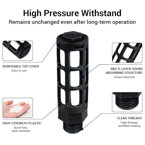 20Pcs Plastic Air Pneumatic Mufflers, Black 3/8" Male Thread Compressor Exhaust Silencer Fitting for Industrial Grade Air Compressor Tools, Automotive Workshop Air Valve Cylinder 3/8"-20pcs