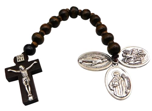 Westmon Works Catholic Rosary Chaplet Set Wooden Prayer Beads Metal Charms of Saint Michael St Benedict and Our Lady of Grace with Three Holy Cards Pack