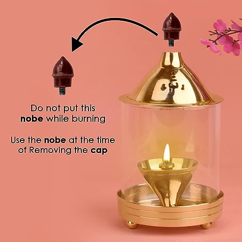 SATVIK - 7 INCH - Pure Brass Akhand Diya with Glass Chimney Kanchdeep Oil Lamp for Home Temple Pooja Diwali Decor Traditional Brass Lamp
