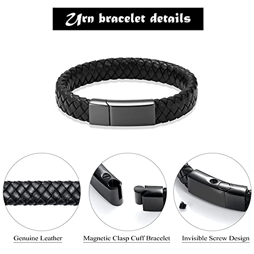 Imrsanl Cremation Jewelry Urn Bracelet for Ashes for Women Men Memorial Braided Leather Urn Bracelet for Human Ashes Keepsake Cuff Bangle Jewelry Black-20cm/7.87inch