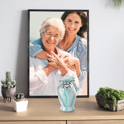 SOITIS Small Urns for Human Ashes Keepsake, 2.83 Inches Urn for Women Men, Aluminum Cremation Urns for Human Ashes-Lake Green with Heart Urn