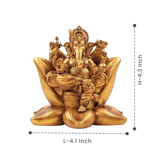 Artarium Padma Ganesh Idol 4.3 Inch, Golden Lord Ganesha Statue on Lotus, Ganpati Murti for Home Temple, Car Dashboard, Office Desk, Meditation Altar & Spiritual Gift #2 Padama Ganesha Idol