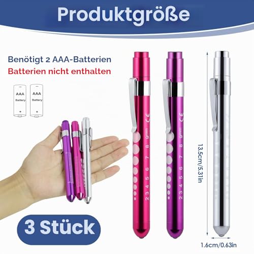 3 Pupil Light in Purple, Pink, Silver, LED Torch Eye Light | Pupil Meter Pupil Light, Portable Light Pen with Pocket Clip, Ruler, Nurse Care Accessories