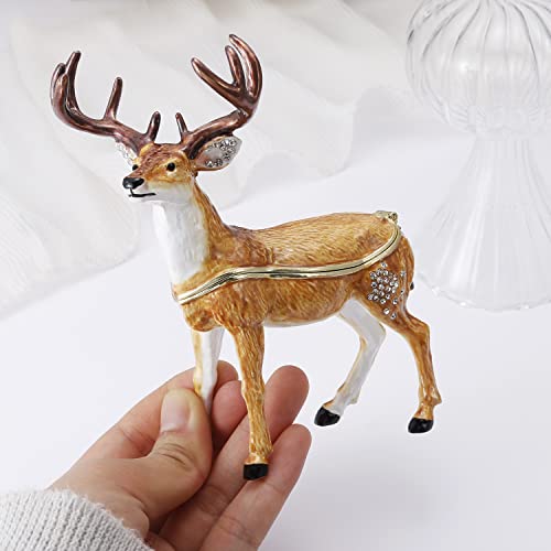 Hand Painted Enamel Christmas Reindeer Trinket Box, Hinged Jewelry Organizer Storage, Unique Home Decor Keepsake Collectible Figurine, Personalized Decoration Ornament Gifts (Brown Reindeer) Brown Reindeer