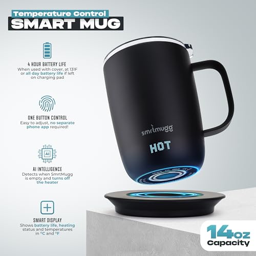 SMRTMUGG PRO 14 oz. Self-Heating Coffee Mug – 4-Hour Battery Life, Adjustable Temperature Control, LCD Display, One-Touch Adjustment, Magnetic Slider Lid – Keep Your Coffee Hot for Hours! Black