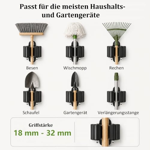 3-H 12x Broom Holder Wall, Garden Tool Holder Set Made of Stainless Steel (Black) | Broom Holder Wall Mount for Broom Garden Tools Shovel Mop Device Holder for Home Garden Garage Powder Coated 12pc Black