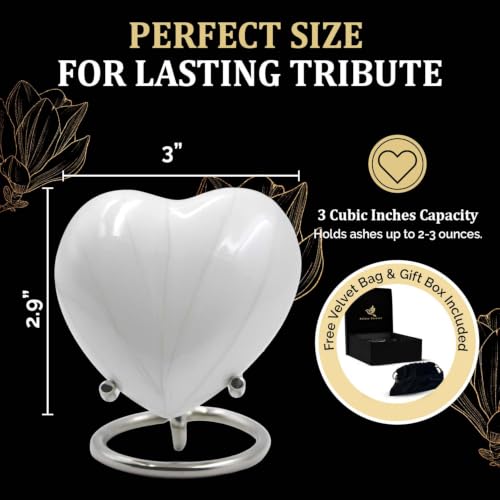 Small Urns for Human Ashes Keepsake – Heart Urn for Men & Women – Mini Urns with Stand – A Loving Heart Shaped Cremation Urn to Honor Their Memory Forever (White, Small) White