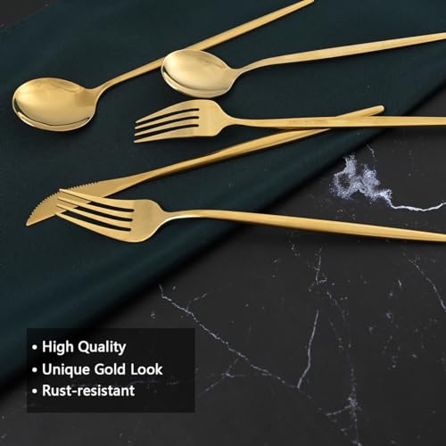 20-Piece Gold Silverware Set for 4, Titanium Golden Stainless Steel Flatware Set, Golden Cutlery Set for Home and Restaurant, Daily Utensil, Mirror Polished, Dishwasher Safe, Serving for 4