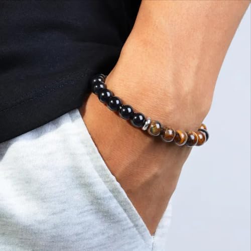 Triple Protection Healing Crystal Beaded Bracelet – Tiger Eye, Black Tourmaline & Hematite Natural Stone Jewelry – Strength & Positive Energy Gift for Men & Women – Christmas & Anniversary