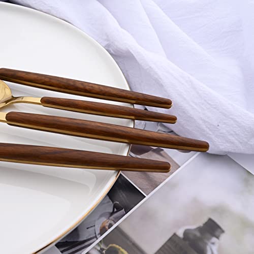 16-Piece Silverware Set with Cake Fork, Gold Stainless Steel Flatware Cutlery Set, Eating Utensils Set with Wooden effect Handle, Include Knife Fork Spoon, Mirror Polished, Dishwasher Safe Brown Gold