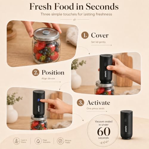 UnicornGlasgow Electric Mason Jar Vacuum Sealer Kit, Automatic Cordless Jar Sealer with 10 Lids, One-Touch Food Saver for Wide & Regular Mouth Jars, Homesteading & Meal Prep