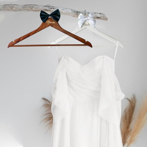 Groom Bride Hanger for Wedding Dress or Suit - 2 Pack Wedding Hangers Gifts Accessories - Bridal Hanger with Bow Tie & Exquisite Wrist Flower for Bridal Party White/Black