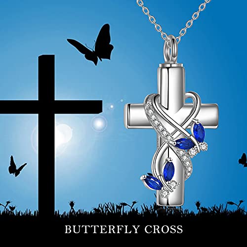 POPLYKE Urn Necklaces for Ashes 925 Sterling Silver Cross Necklace Cremation Animal Jewelry for Ashes Memorial Ash Pendant Keepsake Gifts Cross Butterlfy