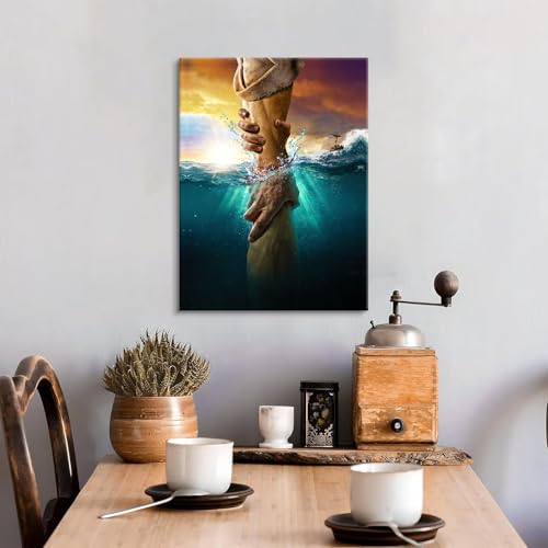 Jesus Christ Canvas Wall Art The Hand of God Jesus Reaching Into Water Christian Painting Prints Biblical Wall Decor Religious Room Decor for Church Living Prayer Bedroom Room Hospitals 24x36In canvas Jesus06 24"L x 36"W