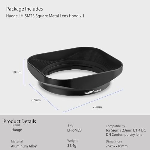 Haoge Bayonet Square Metal Lens Hood for Sigma 23mm F1.4 DC DN Lens LH-SM23