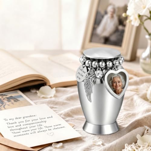 Small Urns for Human Ashes, Metal Cremation Urns for Both Humans and Pets with Velvet Bag and Spoon, Heart-Shaped Photo Frame, Suitable for Funeral, Burial, and Memorial Ceremonies