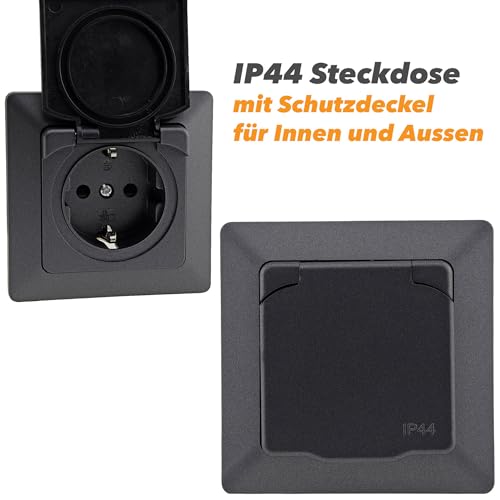 Milos Socket Switch Button Sets I Anthracite | With protective flap, 230 V protective contact, for wet rooms, bathrooms, outdoor areas