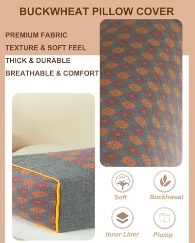 Buckwheat Pillows for Sleeping, Cube Pillow for Neck Pain Relief, Adjustable Loft and Firm, Washable Zipper Pillow Cases, Firm Rectangle Pillow Neck Support for Sleep, 19x9 inch (Grey) Grey