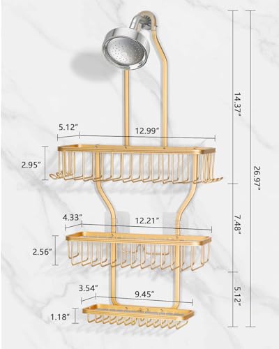 Shower Caddy Hanging - Never Rust Shower Hanging Organizer - Aluminum Over the ShowerHead Caddy with Soap Basket and 6 Razor/Sponge Hooks (Gold) Gold