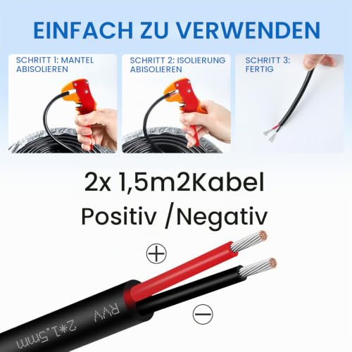 2 Core Vehicle Cable 5 m, 2 x 1.5 mm² Car Cable 12 V/24 V 2 Pin Power Cable Tinned Copper Cable for Trailer Truck LED Rear Lights, Flexible Low Impedance Extension Cable 2 x 1.5 mm² - round 5 metres