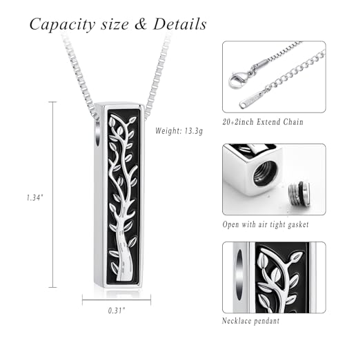XSMZB Tree of Life Urn Necklace for Ashes for Men Women 3D Bar Cremation Jewelry Ashes Keepsake Pendant of Loved One Funeral Memory Jewelry Silver