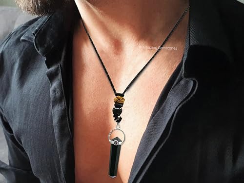 Amazing Gemstone Shungite Pendant Necklace D Shape with Garnet