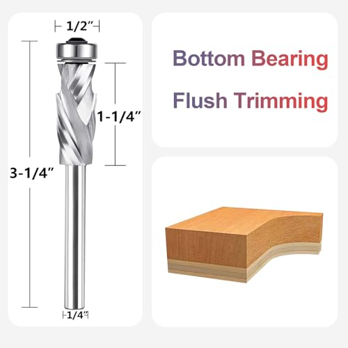 SpeTool UP&Down Compression Spiral Flush Trim Router Bit 1/4 Inch Shank 1/2 Inch Cutting Diameter Extra Long with Bottom Bearing, Solid Carbide Pattern Flush Trim Router Bit for Cutting Uncoated 1/2" Dia-1-1/4" CL-1/4" Shank
