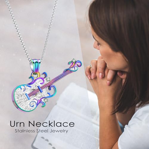 Guitar Cremation Jewelry for Ashes Stainless Steel Urn Necklace for Ashes Musical Instrument Memorial Pendant Keepsake Jewelry Music Guitar Urn Necklace for Women Men rainbow