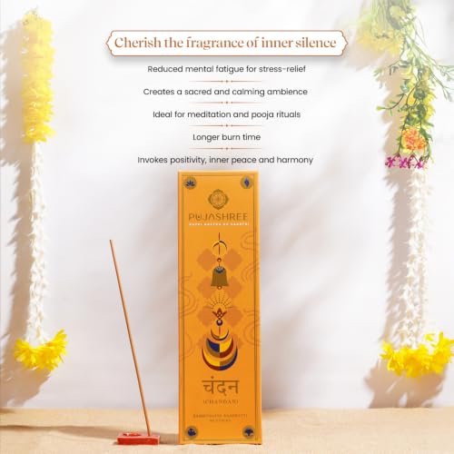 Pujashree Bambooless Agarbatti, Chandan Incense Sticks, Charcoal-Free Incense for Pooja & Meditation, Eco-Friendly, Natural Stickless Aroma Sticks, Pack of 40 Pcs (8-inch Size) Sandalwood