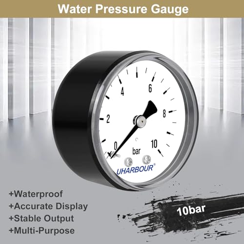 Uharbour Pressure Gauge Water 0-10 Bar, 1/4 Inch, Compressed Air Bracket on the Back, Compressed Air Pressure Gauge 1/4 BSP Brass Connection Axial