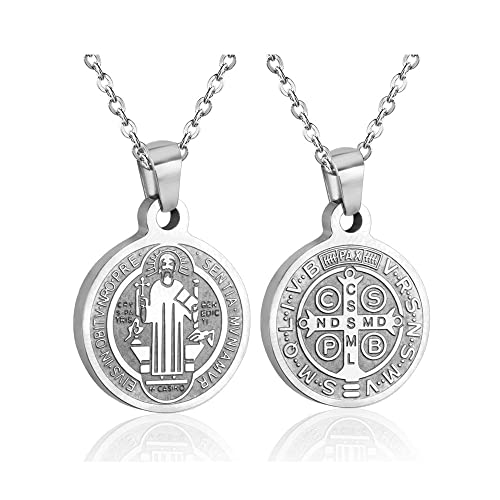 JewelryWe Mens Necklace,Saint Benedict Medal Pendant Celtic Cross Christian Jewelry Stainless Steel Necklace Silver