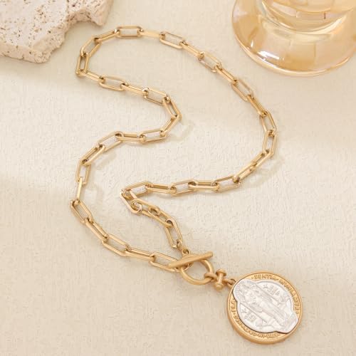 Saint Benedict Medal Necklace for Women, Gold Paperclip Chain Catholic Pendant Necklace, Christian Religious Jewelry Gift, 18 Inch