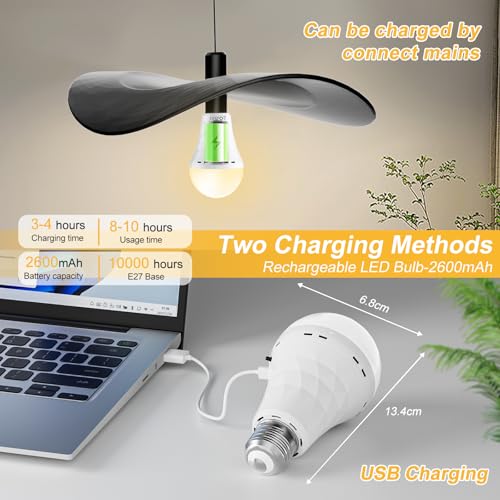 E27 LED Light Bulb with Battery Remote Control Dimmable Battery Bulbs 2600 mAh | Outdoor lamp, timer light bulb base and USB rechargeable dual purpose for table lamp/camping (3000K/4000K/6500K) 3 Color Temperatures, 1 Piece