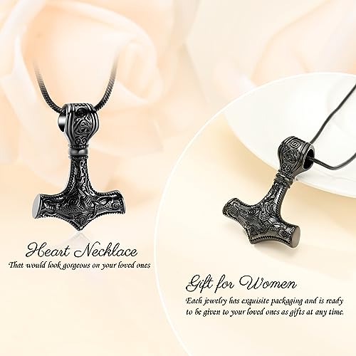 Minicremation Mjolnir Thor Hammer Urn Necklace for Ashes for Women Men Viking Jewelry Memorial Pendant Urn Necklace for Loved One Ashes Holder Black