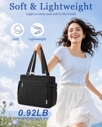 Black KEILAICO large leakproof insulated lunch bag for women, soft tote with 10L capacity, suitable for carrying meals comfortably.
