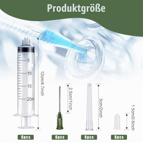 Set of 6 Feeding Syringes, 20 ml, Reusable, 14G Blunt Needle | Clear scale for precise dosing, made of plastic, individually packaged, for liquids in laboratory and animal care
