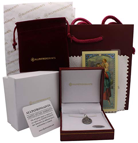 All Patron Saints Antiqued St Christopher Medal Necklace – Solid Sterling Silver Oval Medallion and Chain – Personalized Engraving – Gift Box Size 21 x 14 MM (Dainty)