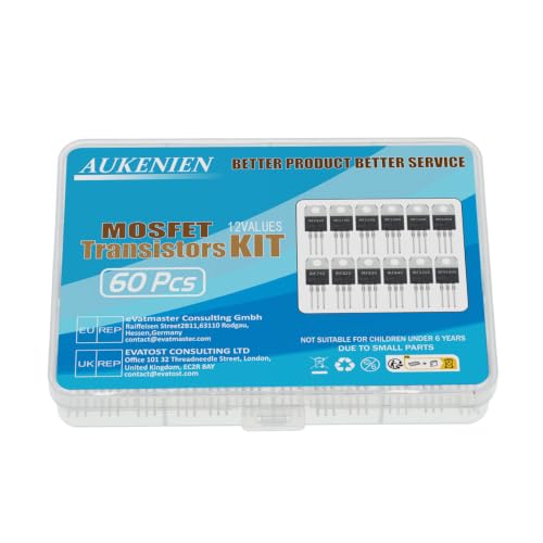 AUKENIEN Mosfet Transistor Kit 12 Values 60 Pieces IRFZ44N IRF510N IRF520N IRF530N IRF540N IRF640N IRF740 IRF820 IRF830 IRF840 IRF3205 IRF9540N TO-222 0 MosfetTransistors