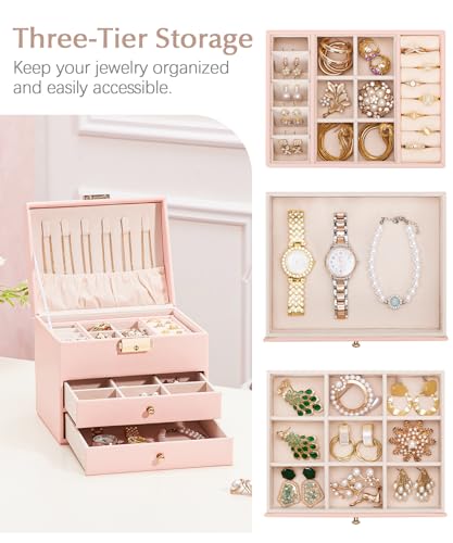 Homde Small Jewelry Box for Girls: 3-Layer Lockable Organizer (Blush Pink) Blush Pink