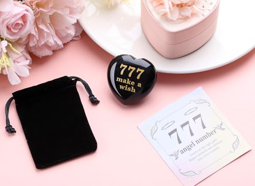 DUQGUHO Obsidian Crystals Heart Good Luck Gifts for Women Mom Men 777 Lucky Angle Number Good Luck Charms Love Stone Inspirational Spiritual Heart Crystal Gifts Black
