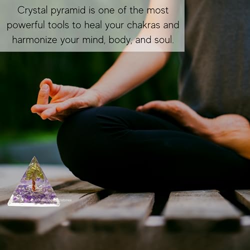 Amazing Gemstone Amethyst with Peridot Tree Orgone Pyramid - 30mm Small Orgonite Pyramids with Crystals and Healing Stones - Authentic Organite Gifts Orgonite Pyramid - 30mm
