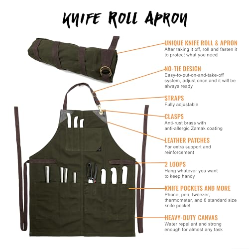 Under NY Sky green knife roll apron made of heavy-duty canvas with leather support for safe knife storage.