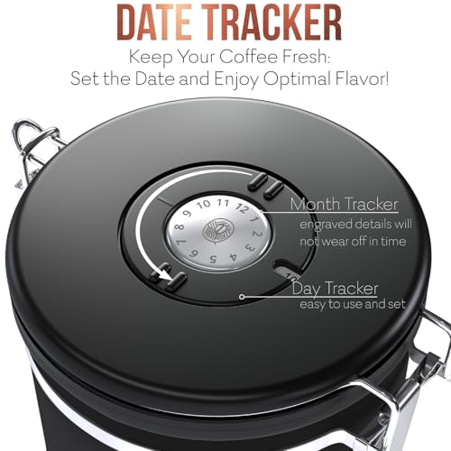 Large Coffee Canister – Airtight Stainless Steel Storage Container with Date Tracker & Scoop, Sealed Jar for Grounds, Beans, Tea, Flour, Cereal, and Sugar (Black Esspresso, 38OZ) Black Esspresso