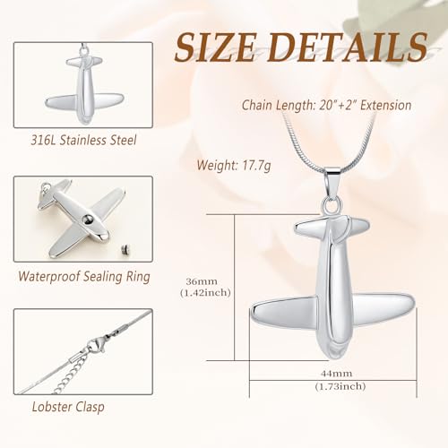 Airplane Cremation Jewelry for Human Ashes Urn Necklace Keepsake Jewelry Ashes Holder Memorial Pendant Locket for Ashes Silver