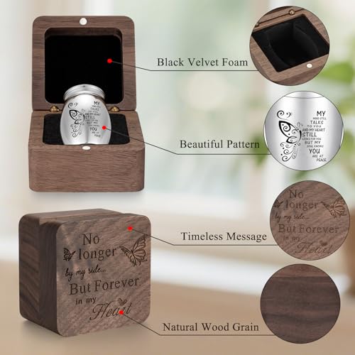 SOITIS Wooden Gift Box for Ashes, Small Urns for Human Ashes Keepsake, 1.57 Inches Stainless Steel Mini Urns for Ash, Cremation Urns for Women Men, Funeral Burial Holder Square+butterfly