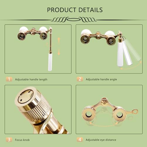 BLACKICE Opera Glasses, 3X25 Theater Binoculars, Mini Compact Opera Glasses with Adjustable Handle, Portable Binoculars for Women Adults Kids, Ideal for Concert Theater Opera (White with Handle)