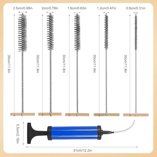 Set of 6 Drill Hole Brushes with Drill Hole Blower Pump Hole Brush Stainless Steel Cleaning Brush Pipe Cleaner Brush for Efficient Drill Hole Cleaning Hammer Drills (8/12/16/20/25 mm)