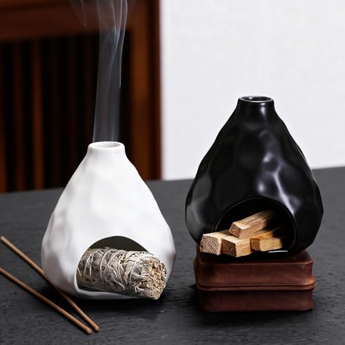 Palo Santo Sticks Holder Ceramic Incense Burner Holder Smudge Bowl for Sage Incense Cone Yoga Spiritual Meditation Room Home Decor Gift Mini Chiminea Ash Catcher Black