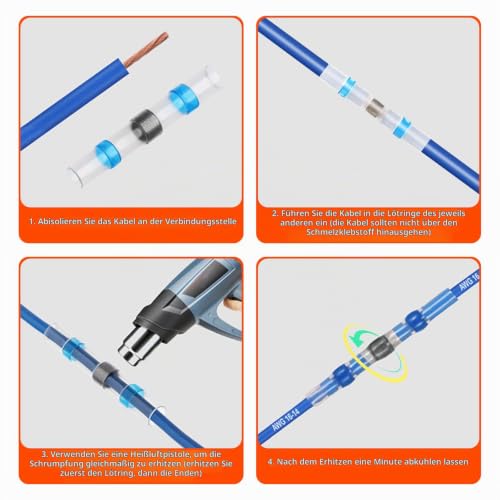Solder Connectors, Heat Shrink Connectors, 200 Pieces, Car Cable Connector Set, Butt Connector, Cable Crimp Connector Set, Heat Shrink Tube with Solder, 4 Sizes 26-10 AWG, for Car, Marine, Boat (White, Red, Blue, Yellow)